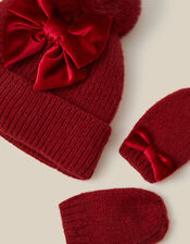 Baby Bow Beanie Hat & Mittens Set, Red (RED), large