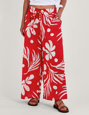 Wide Leg Palm Print Trousers, Red (RED), large