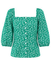 Rose Print Balloon Sleeve Top in Organic Cotton, Green (GREEN), large