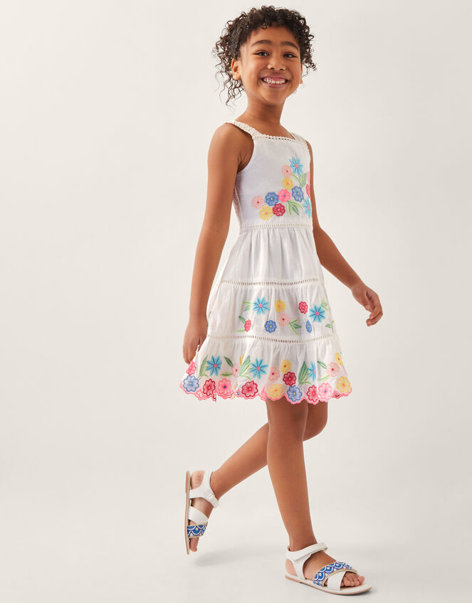 Floral Embroidered Cotton Dress, Ivory (IVORY), large
