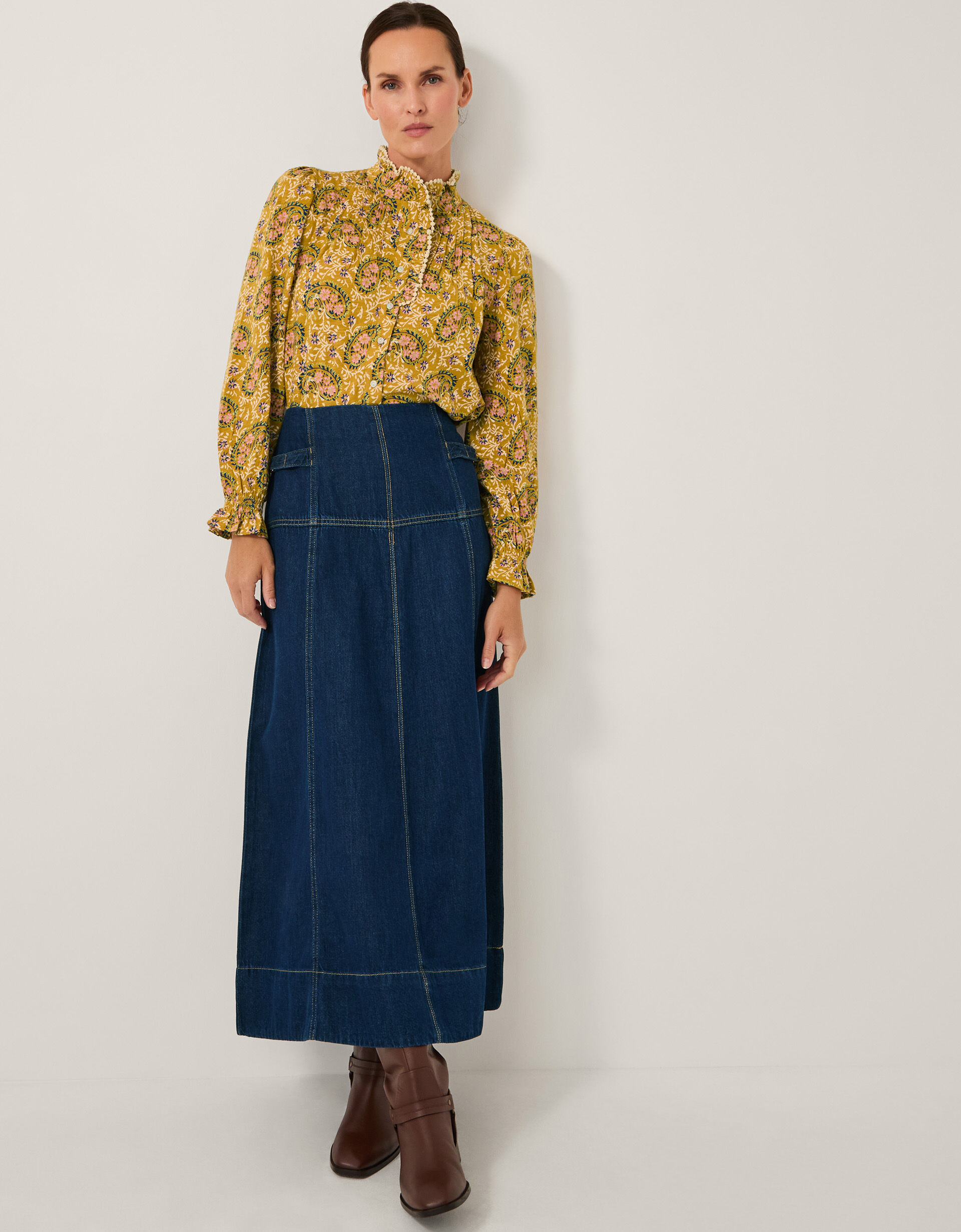 Brooke Seamed Denim Midi Skirt Blue