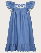 Embroidered Chambray Dress, Blue (BLUE), large