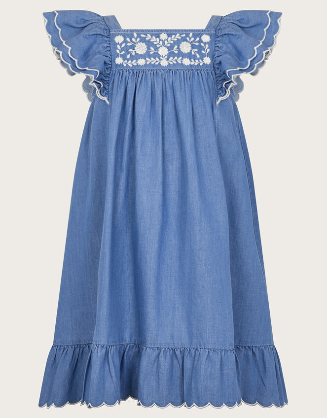 Embroidered Chambray Dress, Blue (BLUE), large