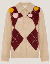 Ami Floral Argyle Collar Cardigan, Natural (NATURAL), large