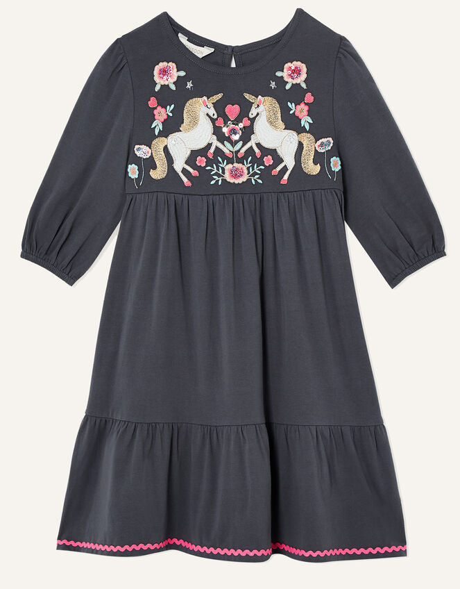 Embroidered Unicorn Long Sleeve Jersey Dress, Grey (CHARCOAL), large