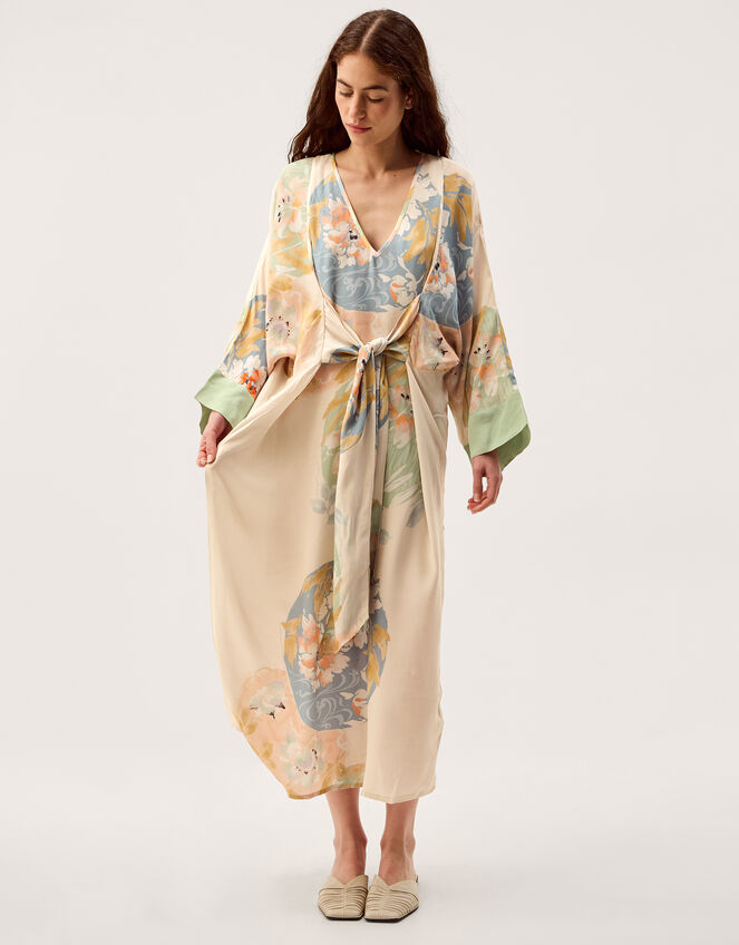 Clemence Amelie Tie Front Floral Midi Dress Cream