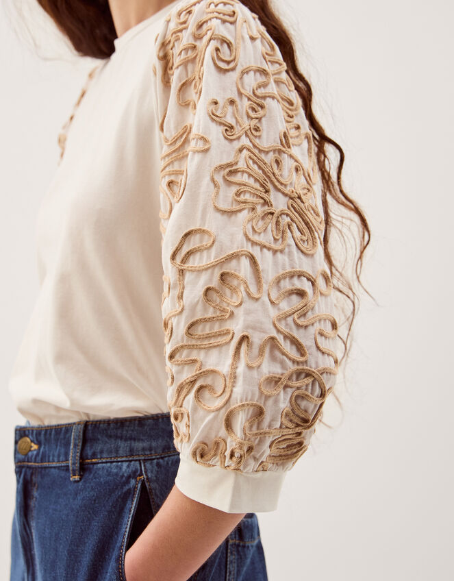 Freya Embroidered Sleeve Top, Ivory (IVORY), large