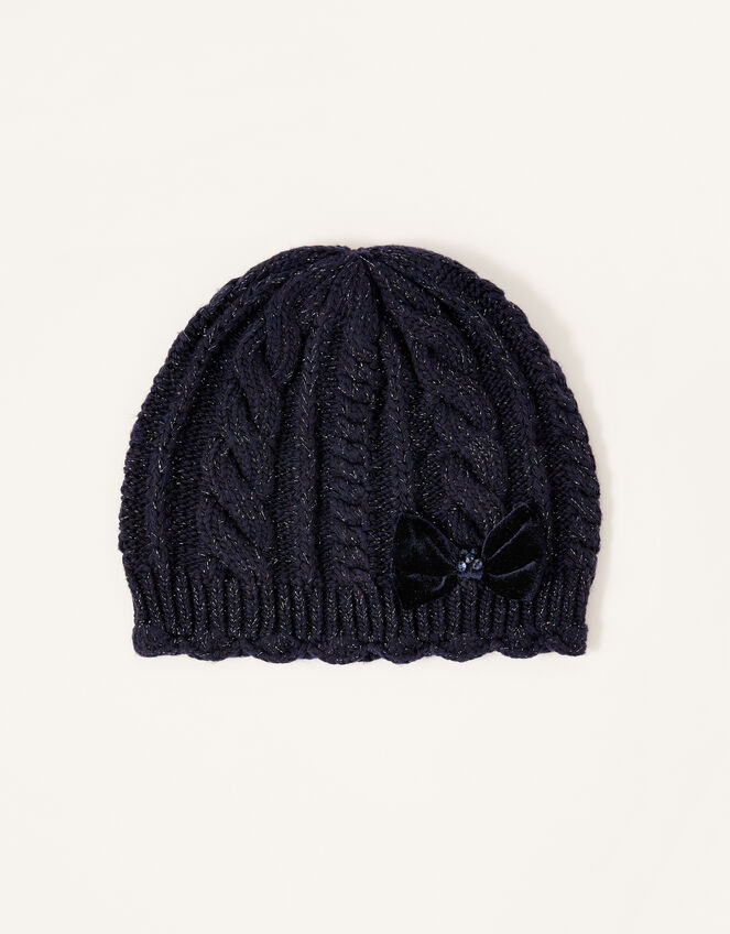 Nancy Velvet Bow Shimmer Beanie, Blue (NAVY), large