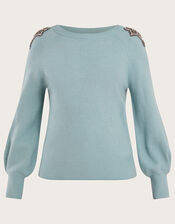 Embellished Shoulder Scoop Neck Jumper, Teal (DUCK EGG), large