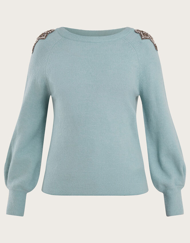 Embellished Shoulder Scoop Neck Jumper, Teal (DUCK EGG), large