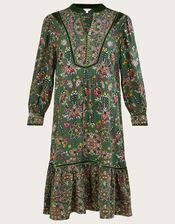 Heritage Print and Velvet Trim Tiered Dress, Green (KHAKI), large