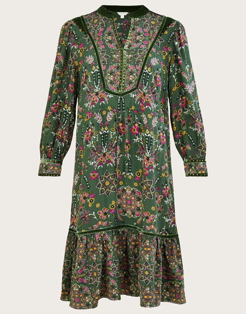 Heritage Print and Velvet Trim Tiered Dress, Green (KHAKI), large