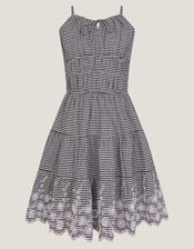 Embroidered Gingham Sun Dress, Black (BLACK), large
