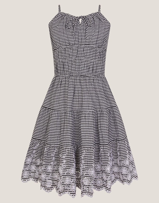 Embroidered Gingham Sun Dress, Black (BLACK), large