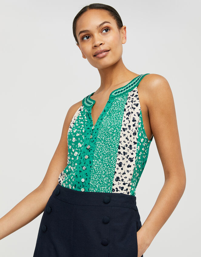 Poppy Patchwork Print Sleeveless Top, Green (GREEN), large