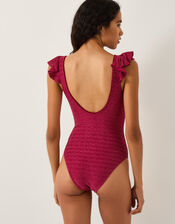 Kaylie Plunge Rib Ruffle Swimsuit, Red (BURGUNDY), large