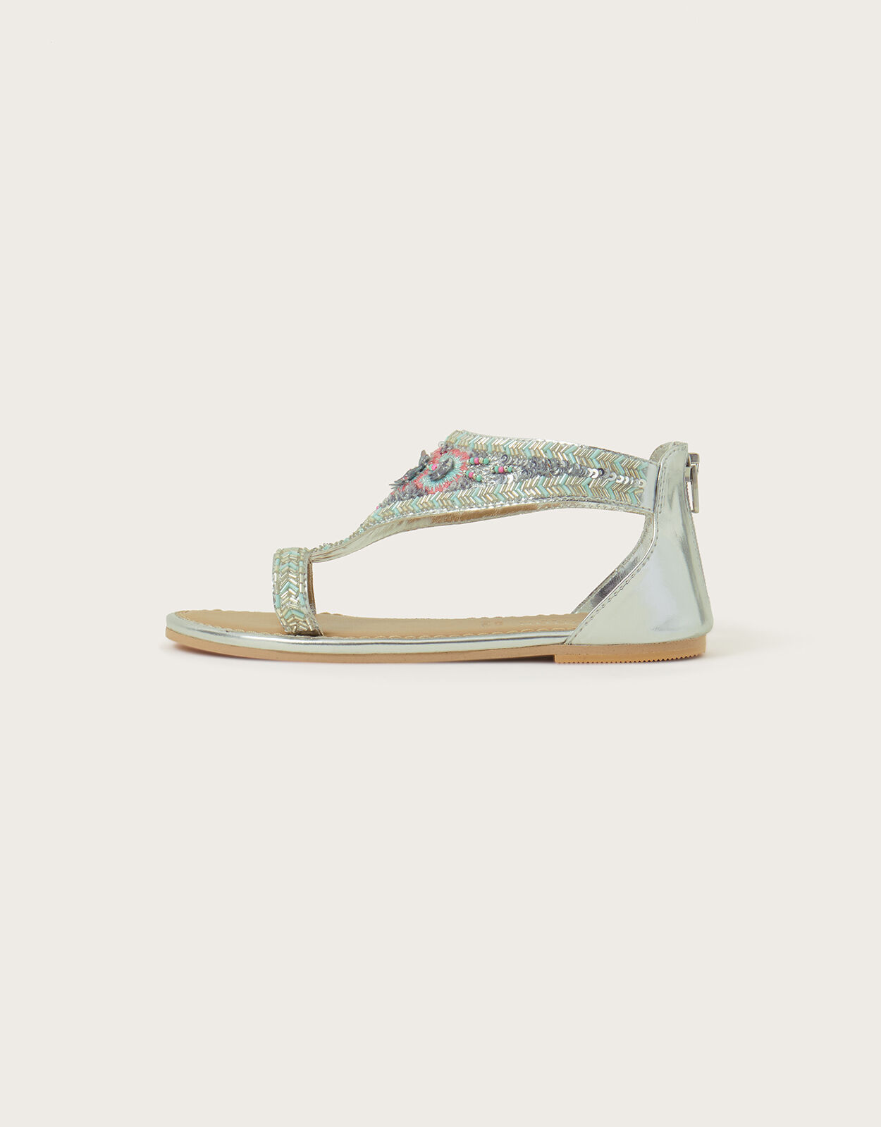 Floral Embellished Beaded Sandals Silver