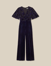 Nadine Floral Devor&eacute; Velvet Jumpsuit, Blue (NAVY), large