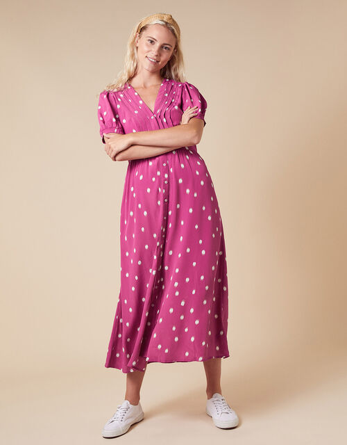 Spot Print Midi Dress in Sustainable Viscose, Pink (PINK), large