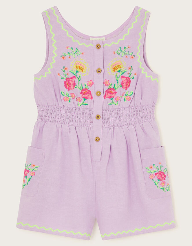 Linen Embroidered Playsuit, Purple (LILAC), large