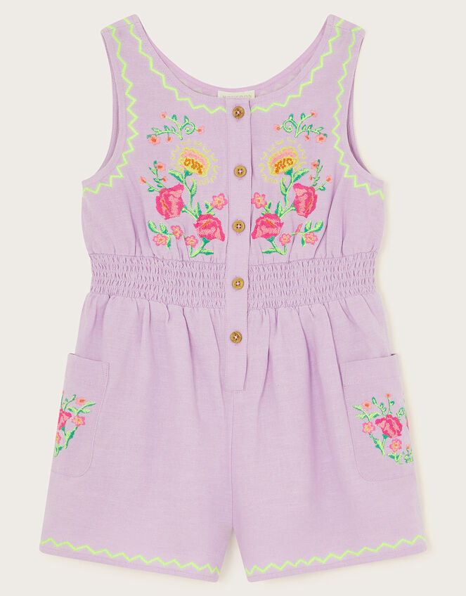 Linen Embroidered Playsuit, Purple (LILAC), large