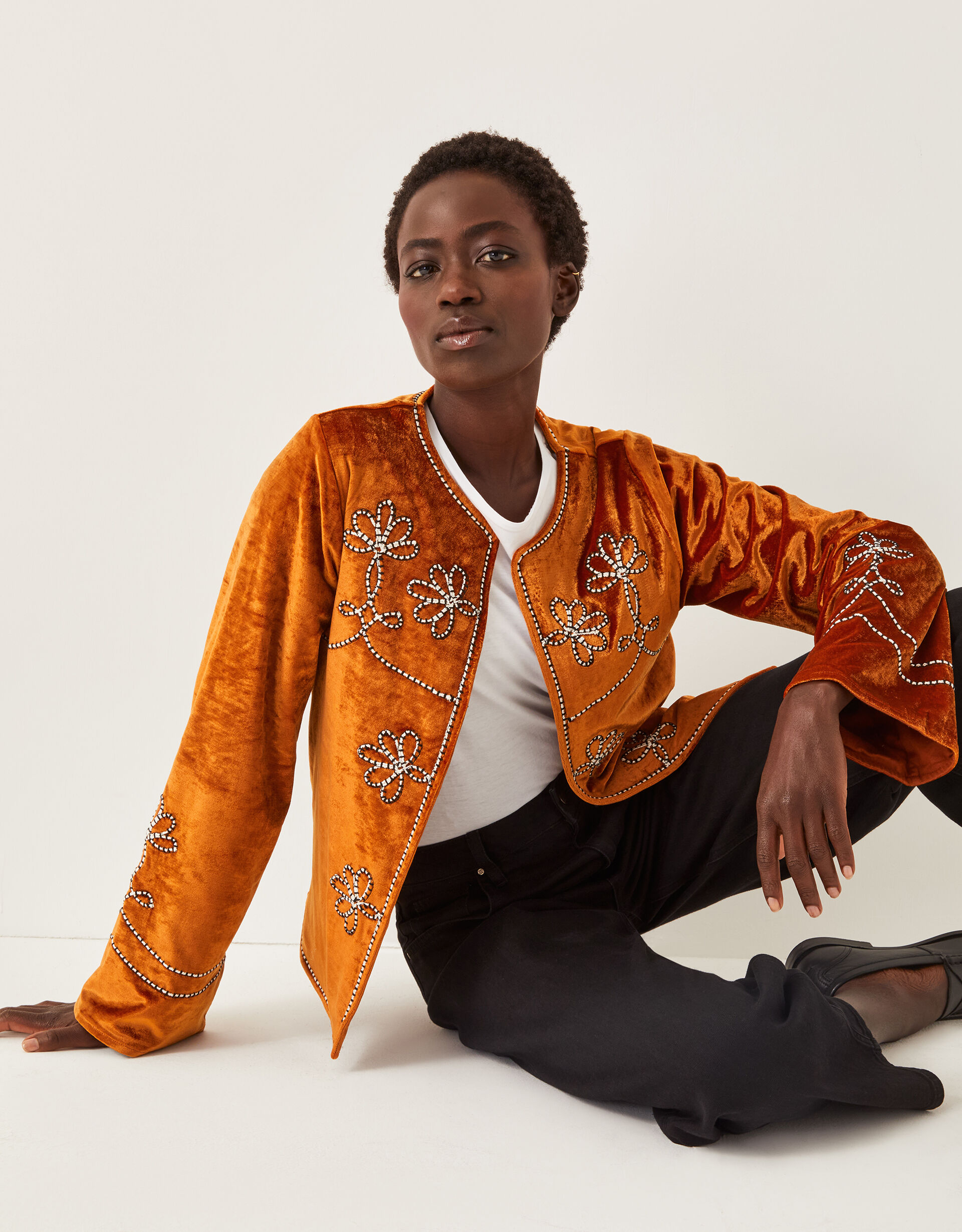 Venus Embroidered Velvet Jacket Orange | Jackets | Monsoon UK.