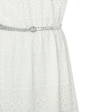 Leah Lace Bardot Dress with Belt, Ivory (IVORY), large
