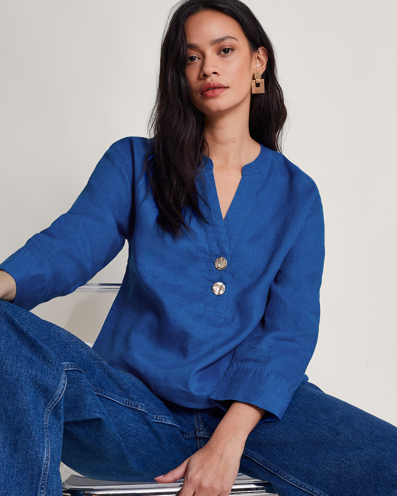 Camille Button Linen Top Blue Tops T shirts Monsoon UK