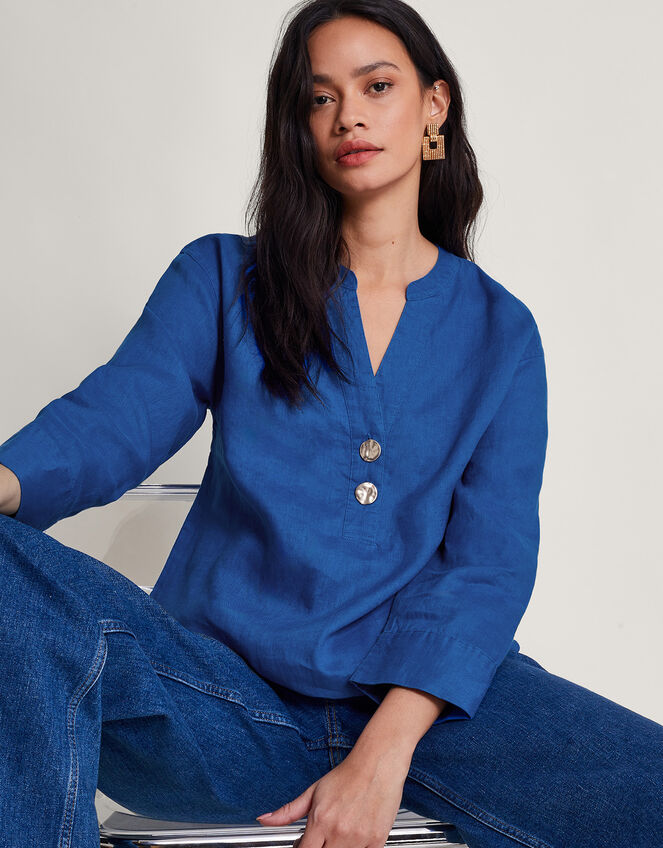 Camille Button Linen Top Blue Tops & Tshirts Monsoon UK.