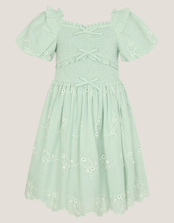 Embroidered Puff Sleeve Smocked Dress, Green (GREEN), large