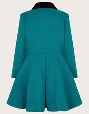 Velvet Trim Skirted Wool Blend Coat, Teal (TEAL), large