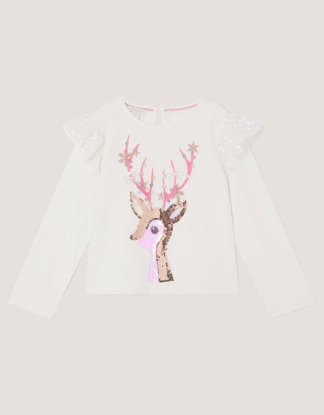 Sequin Christmas Reindeer Long Sleeve Top, Ivory (IVORY), large