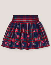 Floral Embroidered Tartan Skirt, Red (RED), large
