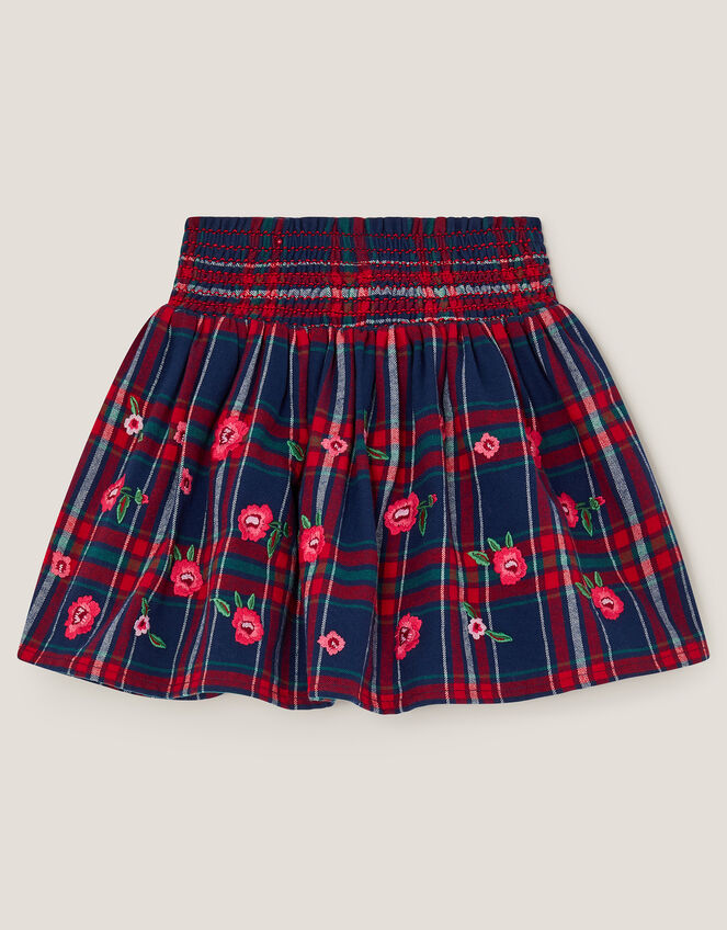 Floral Embroidered Tartan Skirt, Red (RED), large
