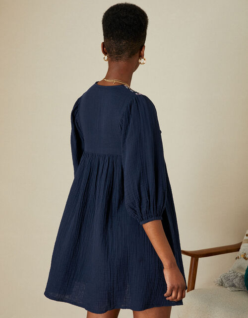 Double Faced Embellished Smock Dress in Sustainable Cotton, Blue (NAVY), large