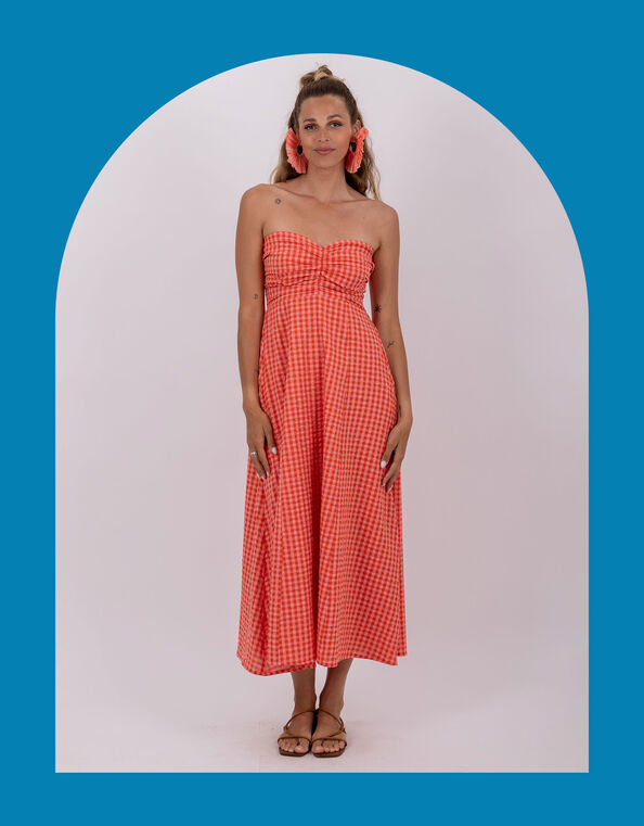 Sundress Amelie Gingham Midi Dress, Orange (CORAL), large
