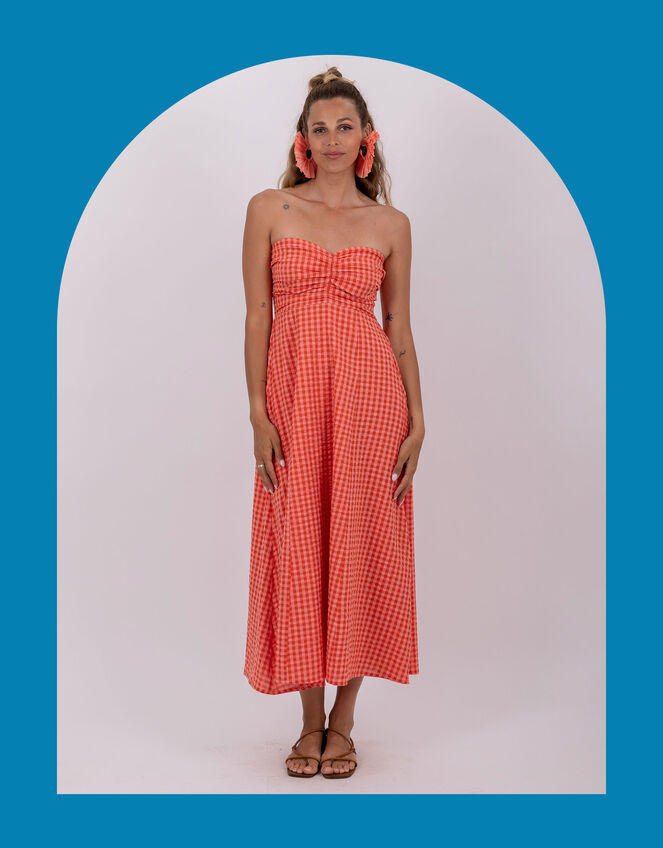 Sundress Amelie Gingham Midi Dress, Orange (CORAL), large