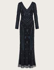 Lorelai Beaded Long Sleeve Maxi Dress, Black (BLACK), large