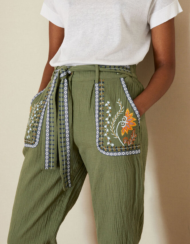 Double Faced Embroidered Trousers in Sustainable Cotton, Green (KHAKI), large