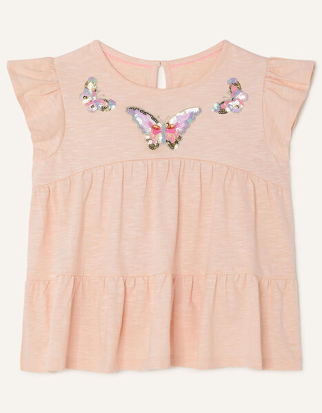 Butterfly Sequin Neckline T-Shirt Pink, Pink (PINK), large