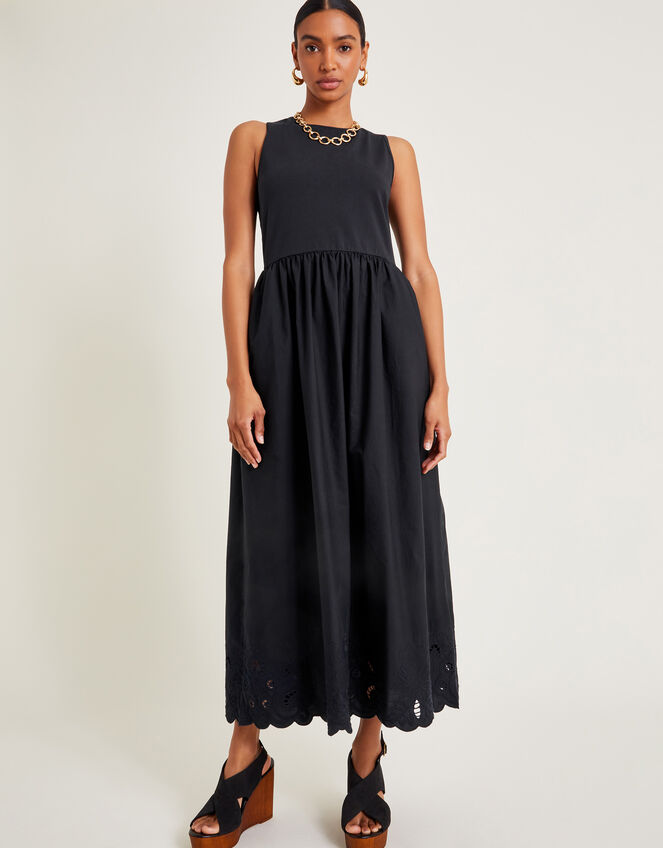Esme Embroidered Sleeveless Midi Dress, Black (BLACK), large