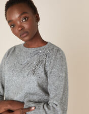 Embellished Shoulder Knit Jumper, Grey (CHARCOAL), large