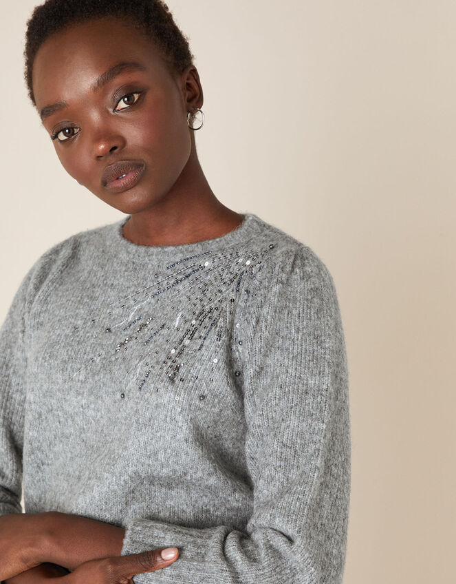 Embellished Shoulder Knit Jumper, Grey (CHARCOAL), large
