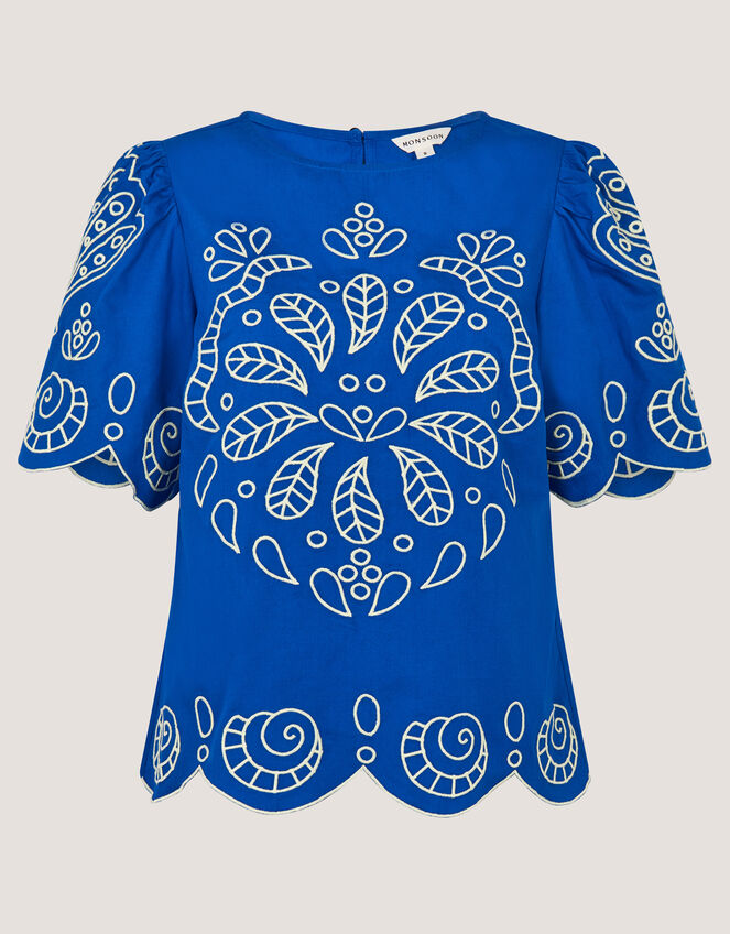 Keira Short Sleeve Embroidered Top, Blue (COBALT), large