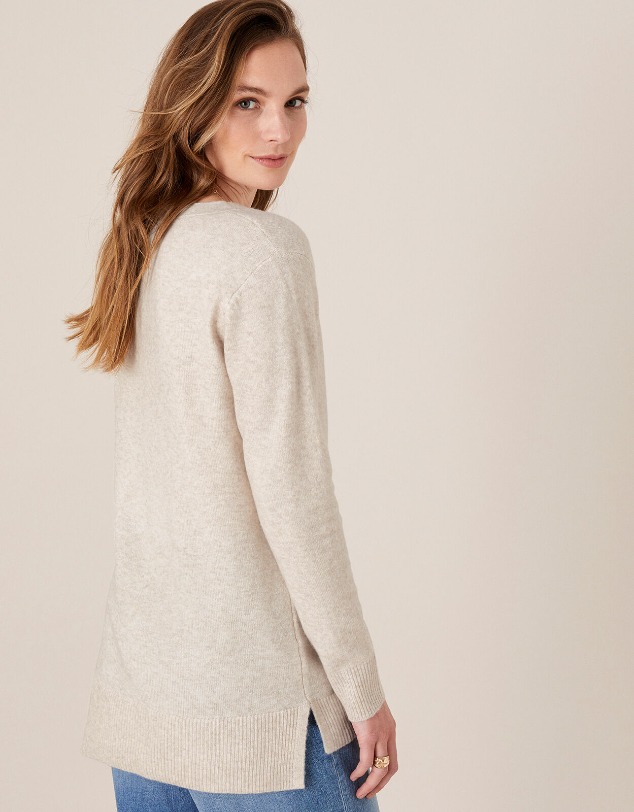 Button V-Neck Longline Jumper Camel 