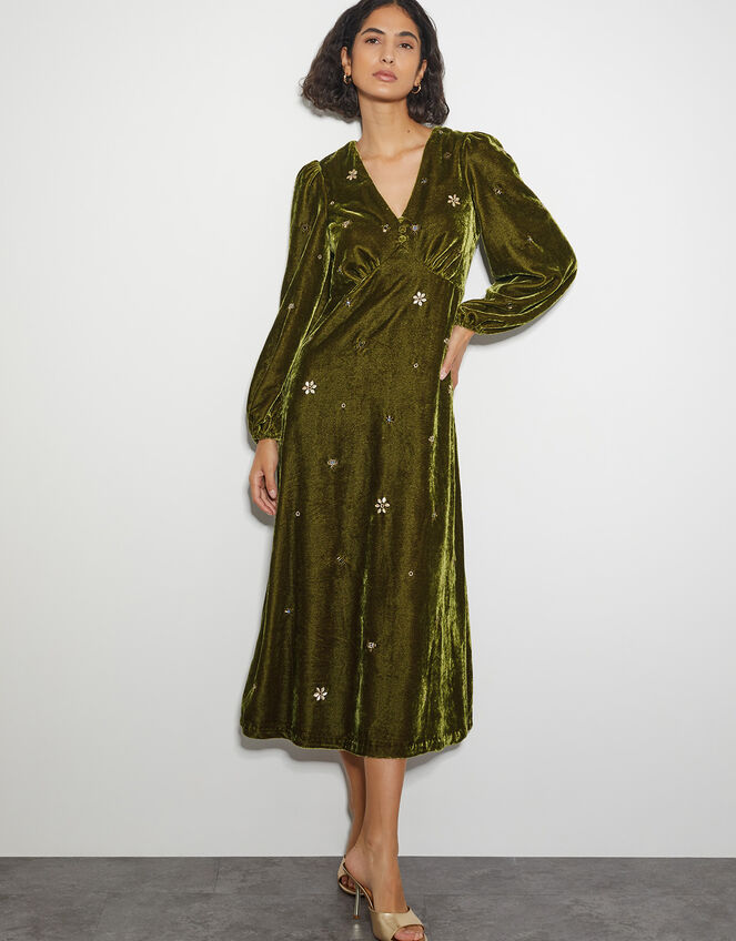 Joyce Embellished Velvet Tea Dress, Yellow (OCHRE), large