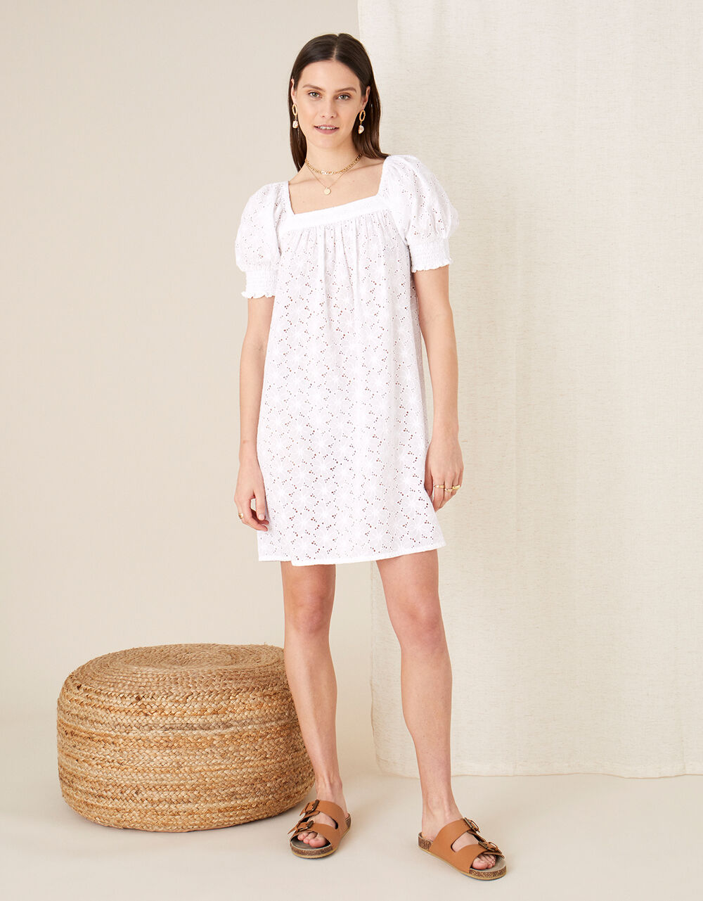 Women Dresses | Broderie Square Neck Dress White - YM90768
