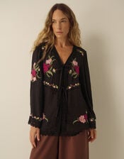 Yara Floral Embroidered Lace Trim Top, Black (BLACK), large