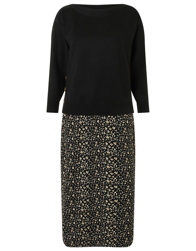 Knit Jumper and Printed Slip Dress with Recycled Polyester, Black (BLACK), large