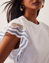 India Embroidered Flutter-Sleeve Top, Ivory (IVORY), large